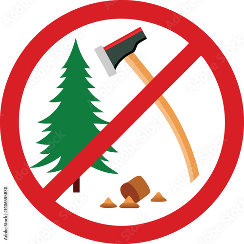 No deforestation sign: Red circle prohibiting axe near a pine tree.