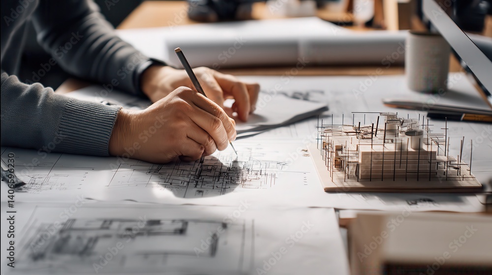 architect design working drawing sketch plans blueprints and making architectural construction model in architect studio,flat lay long banner. architect design working drawing sketch plans blueprints and making architectural construction model in architect studio,flat lay long banner.