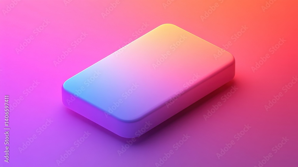 A smooth, colorful rectangular object with a gradient of pink and blue hues against a matching backdrop. A smooth, colorful rectangular object with a gradient of pink and blue hues against a matching backdrop.