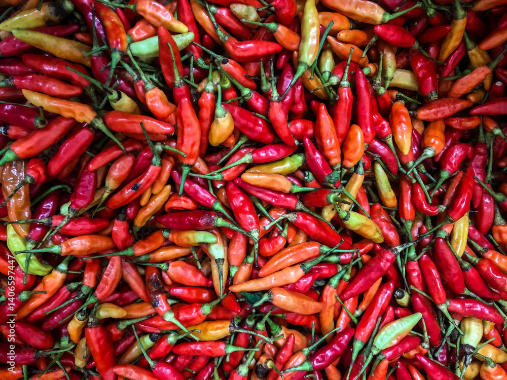 Red, orange and green hot chilli peppers pattern texture background. Close up. Landscape. Backdrop, background. Street vegetable market. Group. Top view, high angle, above. Agricultural. Harvest. Red, orange and green hot chilli peppers pattern texture background. Close up. Landscape. Backdrop, background. Street vegetable market. Group. Top view, high angle, above. Agricultural. Harvest.