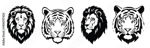 Feline Royalty Collection: A regal ensemble of majestic big cat portraits, showcasing the raw power and intricate beauty of lions and tigers in a striking grayscale arrangement.