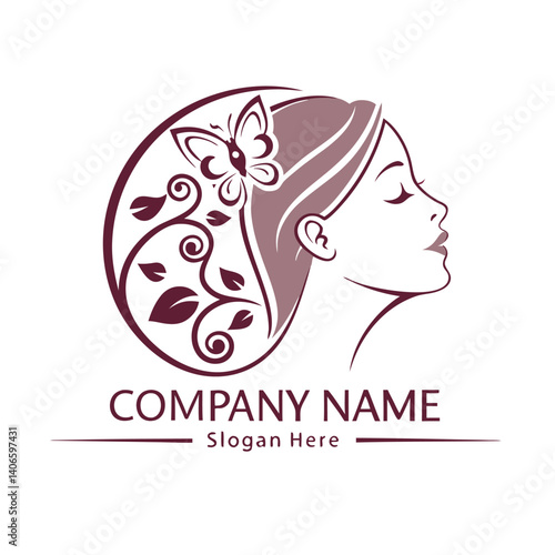 Elegant female profile logo with floral and butterfly design