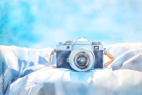Watercolor Vintage Camera on Sofa with Blue Sky, Generative AI