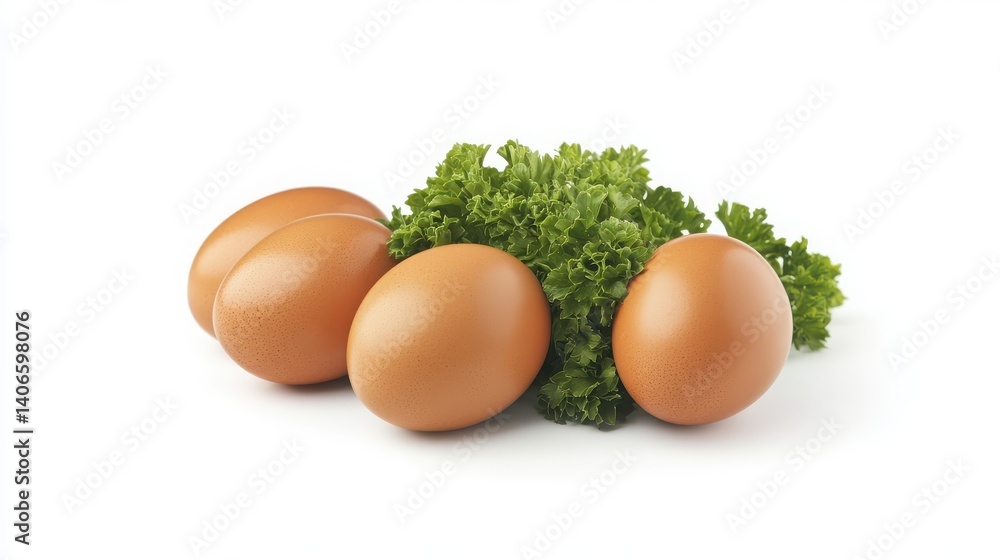 Boiled eggs with greens isolated with white background Boiled eggs with greens isolated with white background