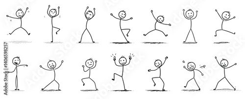 Stick Figure Dynamics: A collection of lively stick figures demonstrates diverse poses and emotive expressions, capturing the essence of human actions and feelings with a touch of humor.