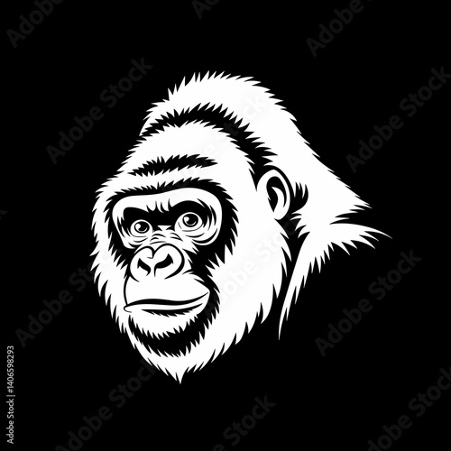 Gorilla Head Illustration in Side Profile with Calm Expression for Vintage Wildlife Art, Educational Use, and Animal Mascot Logo on Dark Background