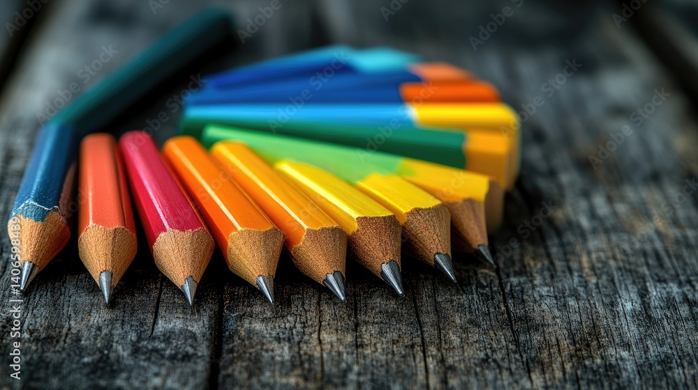 A row of colored pencils on an old weathered wood background in a fan-like arrangement