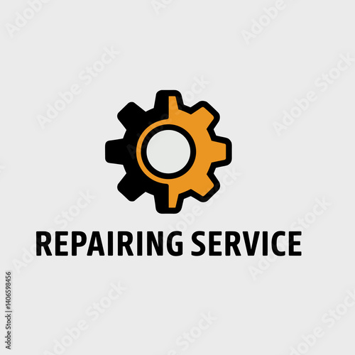Black and Orange Gear or Cogwheel Icon with Repairing Service Text Below for Mechanical, Technical, and Maintenance Concepts