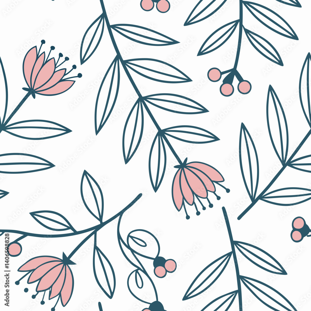 Fototapeta premium Seamless floral vector pattern design with pink flowers on white background 