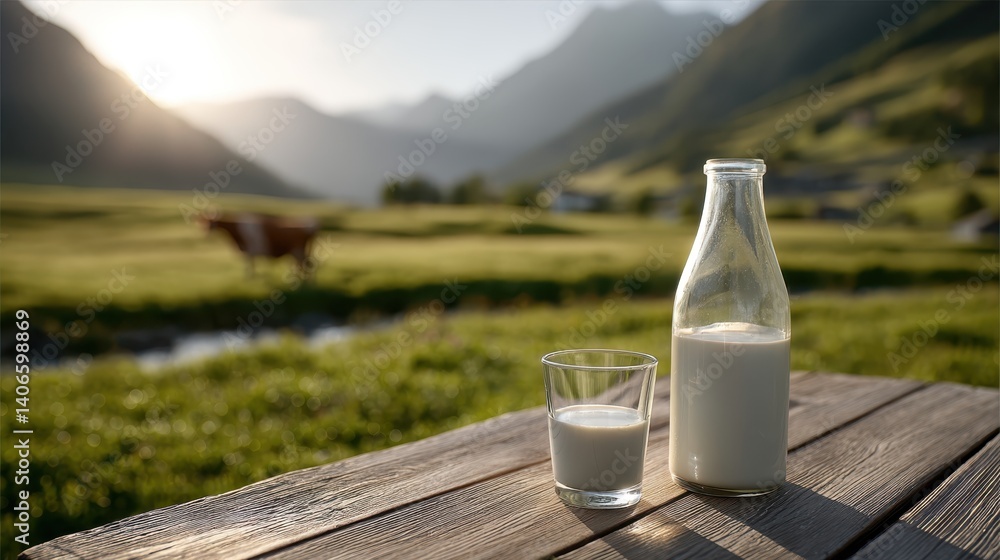 Glass milk bottle sitting on rustic wooden surface, alpine meadow sunset, grazing cow silhouetted, mountain stream flowing softly in background Glass milk bottle sitting on rustic wooden surface, alpine meadow sunset, grazing cow silhouetted, mountain stream flowing softly in background