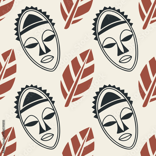 African mask and leaf seamless vector pattern  design in earthy tones  