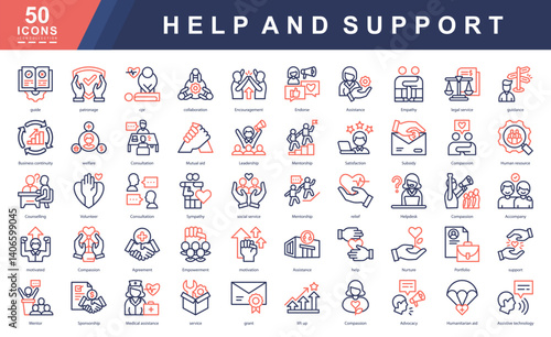 Help and Support color outline icon set focused on empathy, mentorship, assistance, and humanitarian aid. Ideal for nonprofits, customer care, wellness platforms, and community support visuals.