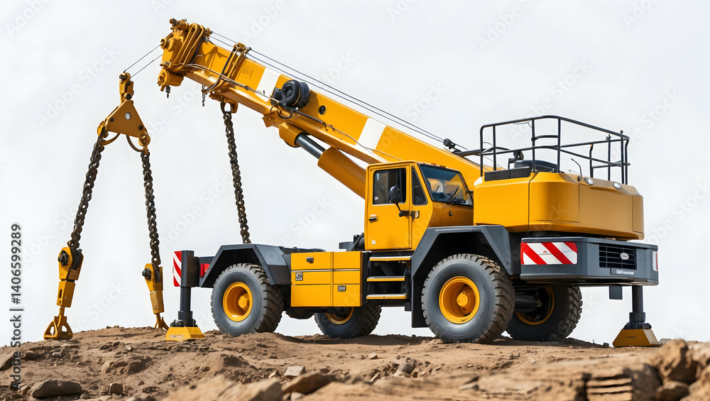 The crane arm is visible with its white stripes, ready to lift a material The crane arm is visible with its white stripes, ready to lift a material