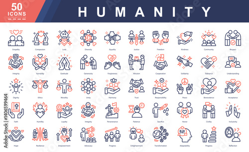 Humanity color outline icon set symbolizing compassion, equality, ethics, and resilience. Ideal for nonprofit work, education, awareness campaigns, and social responsibility visuals.