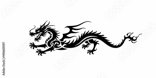 Stylized Dragon Illustration Black Silhouette on White Background Vector Graphic