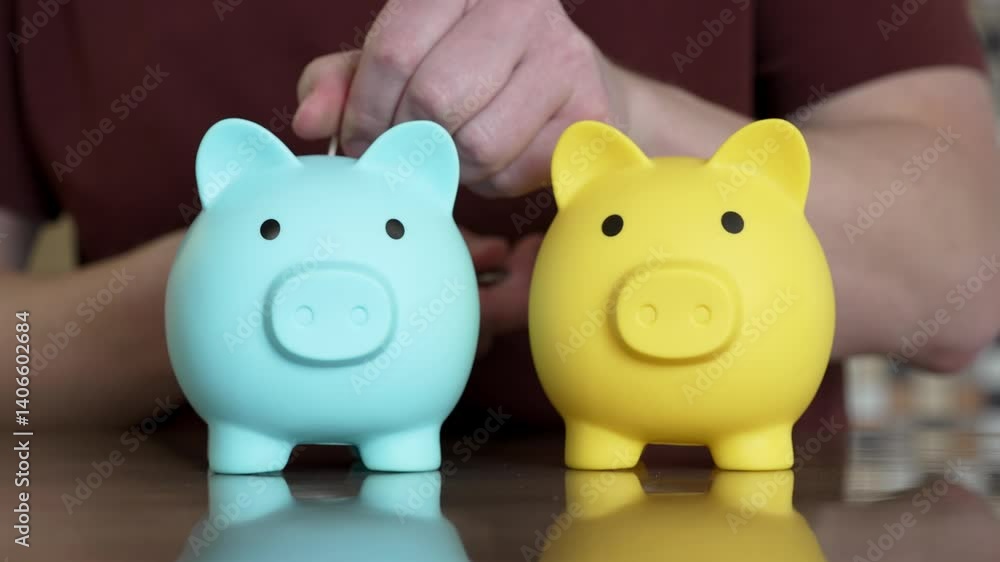 Male hands carefully depositing coins into blue and yellow piggy banks, representing strategic financial planning, investment growth, and personal wealth management Male hands carefully depositing coins into blue and yellow piggy banks, representing strategic financial planning, investment growth, and personal wealth management