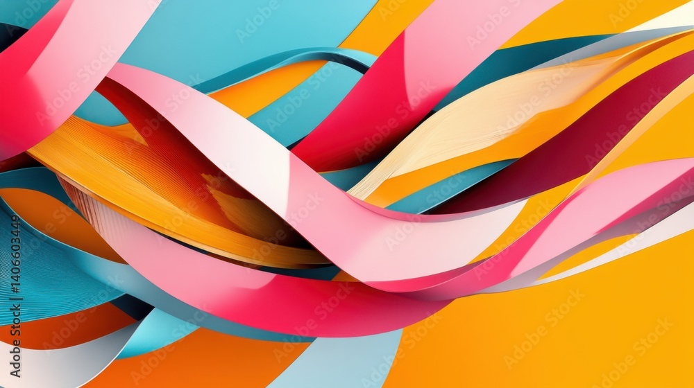 A vibrant abstract composition featuring wavy ribbons in shades of pink, blue, orange, and yellow, creating a dynamic visual flow. A vibrant abstract composition featuring wavy ribbons in shades of pink, blue, orange, and yellow, creating a dynamic visual flow.