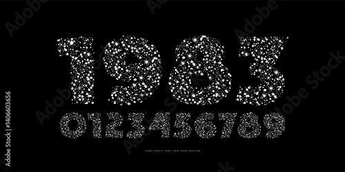 Decorative sans serif numerals with night starry texture. For headline and emblem design. White print on black background