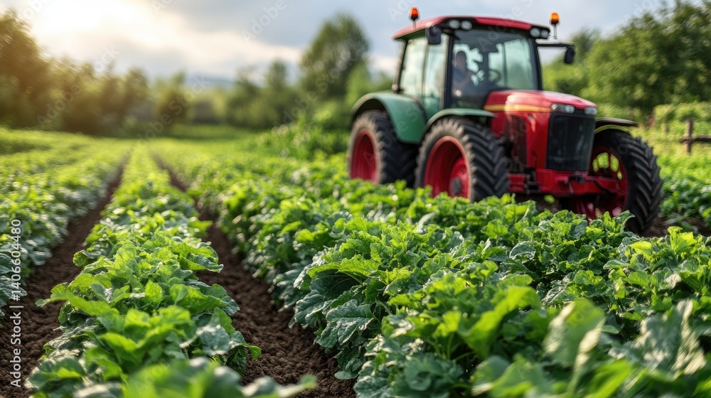 Red tractor in a field with crops. Green plants and dirt. Trees in background. Bright sunny day Red tractor in a field with crops. Green plants and dirt. Trees in background. Bright sunny day