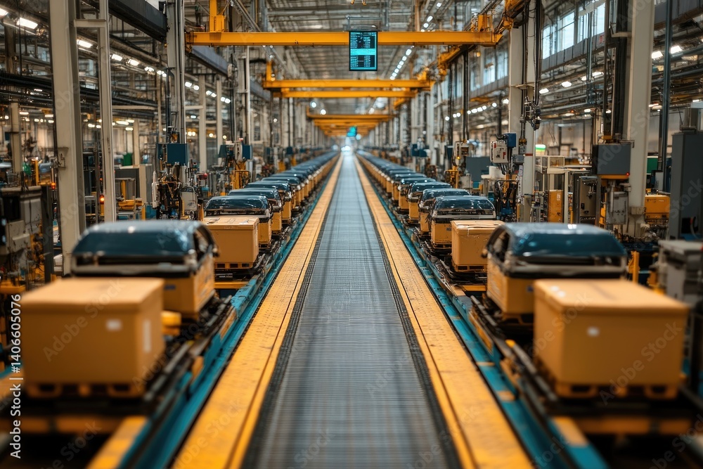 Assembly line with finished goods moving along the conveyor in a modern factory interior Assembly line with finished goods moving along the conveyor in a modern factory interior