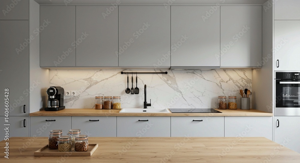 The combination of light gray cabinets, a black sink, wooden countertops, and a marble backsplash creates a modern kitchen with organized utensils and appliances The combination of light gray cabinets, a black sink, wooden countertops, and a marble backsplash creates a modern kitchen with organized utensils and appliances