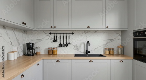 A modern kitchen design incorporates light gray cabinets, a black sink, wooden countertops, and a marble backsplash, along with organized utensils and appliances