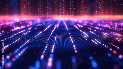 A vibrant, digital landscape featuring glowing lights and patterns, creating an abstract visual effect reminiscent of technology and data flow.