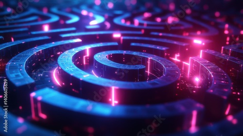 A vibrant, digital maze with glowing lines and intricate patterns, creating a mesmerizing visual effect in shades of blue and pink.