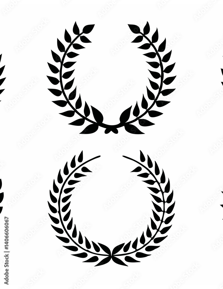 Set of Black Laurel Wreath Silhouettes on White Background – Victory, Award, and Achievement Symbol Vector Design Collection Set of Black Laurel Wreath Silhouettes on White Background – Victory, Award, and Achievement Symbol Vector Design Collection