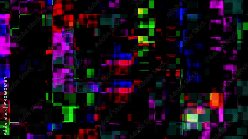 Abstract composition of multicolored squares on a black background, featuring red, green, blue, purple, yellow, and orange, with a chaotic, pixelated texture that mimics a tv signal noise texture Abstract composition of multicolored squares on a black background, featuring red, green, blue, purple, yellow, and orange, with a chaotic, pixelated texture that mimics a tv signal noise texture