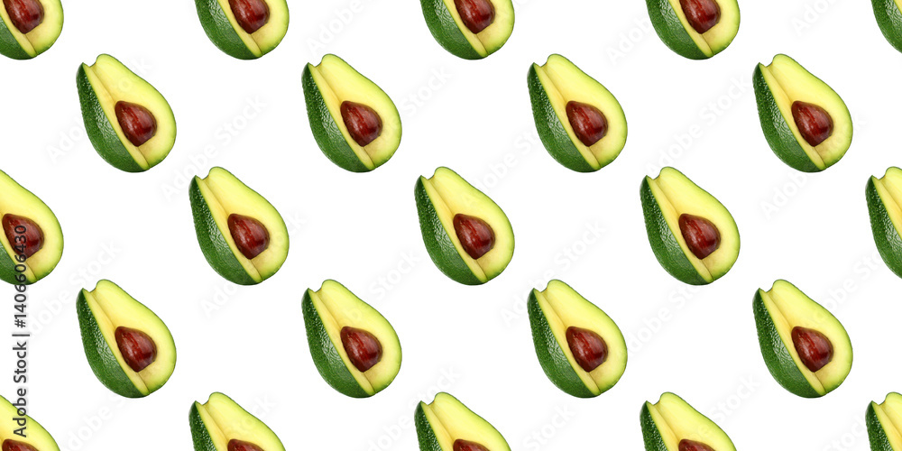 Seamless pattern of fresh ripe avocado halves showing seed on white background Seamless pattern of fresh ripe avocado halves showing seed on white background