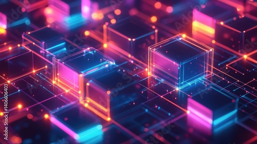 A vibrant digital landscape featuring illuminated geometric shapes, showcasing a futuristic and abstract design with neon colors and intricate lines.