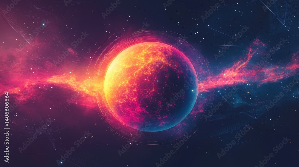 Fototapeta premium A vibrant cosmic scene featuring a glowing planet surrounded by colorful nebulae and starlit backgrounds.
