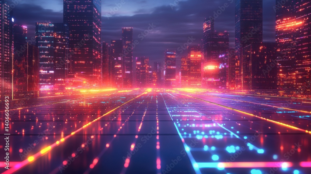 A vibrant futuristic cityscape illuminated by neon lights, with a glowing pathway leading towards skyscrapers in a digital world. A vibrant futuristic cityscape illuminated by neon lights, with a glowing pathway leading towards skyscrapers in a digital world.