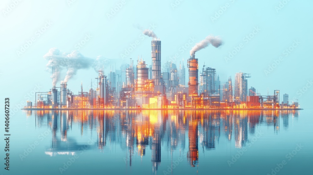 Fototapeta premium A vibrant industrial cityscape reflected in water, featuring towering structures and smoke, symbolizing modern manufacturing and technology.