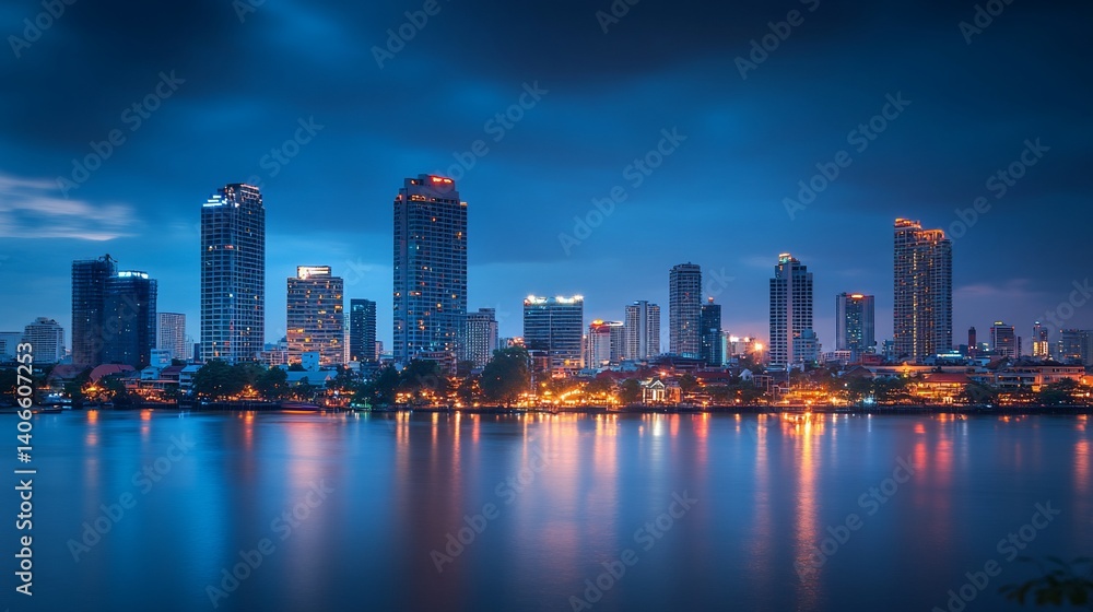 Naklejka premium Nightscape Reflections: Bangkok's Skyline Illuminates the Chao Phraya River