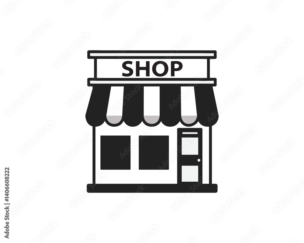 Store building icon. Shop building, street retail, wheel market, grocery. Retail street business buildings fronts isolated on white background Store building icon. Shop building, street retail, wheel market, grocery. Retail street business buildings fronts isolated on white background