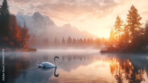 Fototapeta Naklejka Na Ścianę i Meble -  Elegant swan gliding across a crystal-clear lake at sunrise with mist hovering above the water 