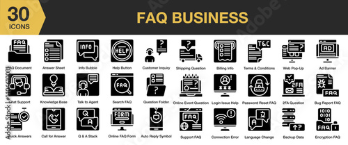 FAQ Business solid icon set. Includes answer, solution, problem, support, communication, and More. Solid icons vector collection