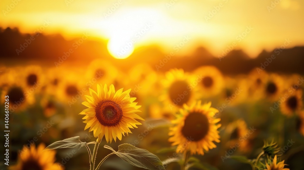 Fototapeta premium A beautiful sunflower field under a golden sunset, symbolizing sustainable energy and agriculture, 