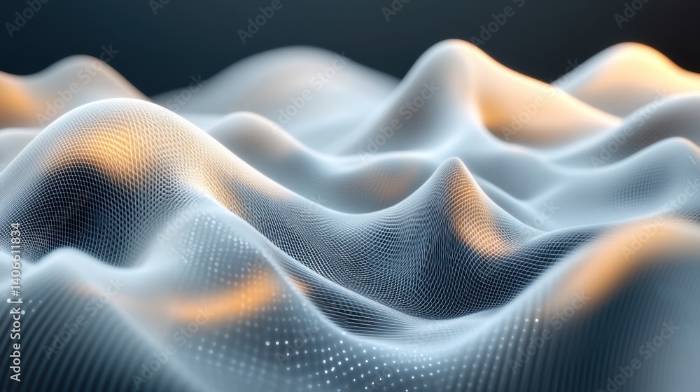 Obraz premium A dynamic, abstract representation of flowing waves, featuring a mesh-like texture illuminated with soft light, creating a sense of depth and movement.