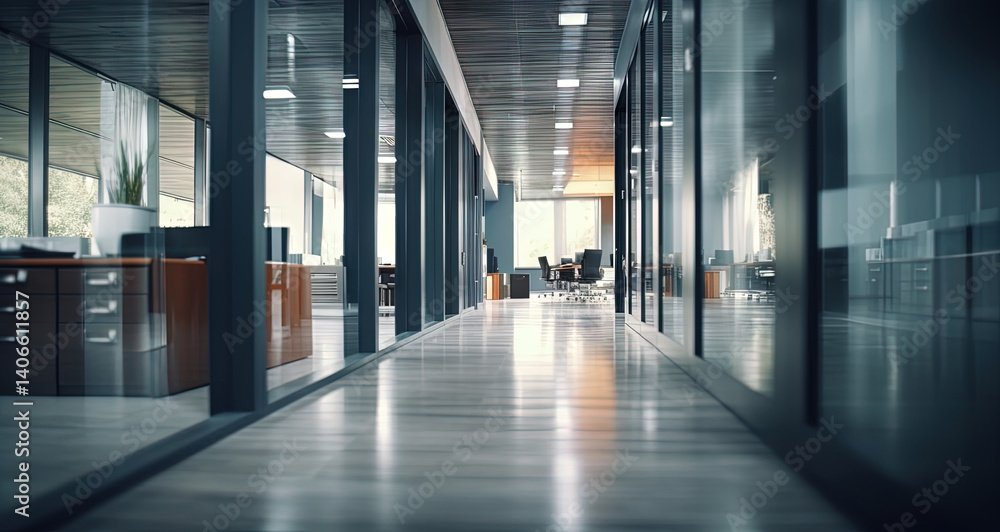 Modern office hallway with reflective tiled floor and warm ambient lighting Modern office hallway with reflective tiled floor and warm ambient lighting