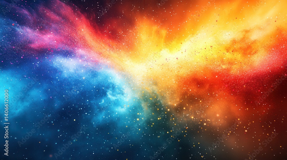 Naklejka premium A vibrant cosmic explosion of colors, showcasing swirling galaxies and starry particles in a mesmerizing display of space.