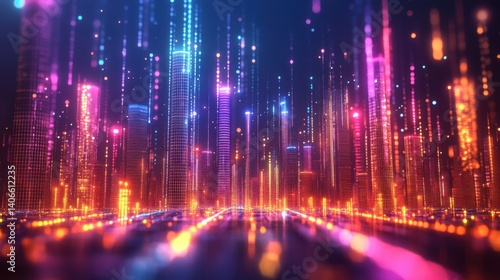 A vibrant digital cityscape with colorful lights and vertical beams, creating a futuristic and dynamic atmosphere.