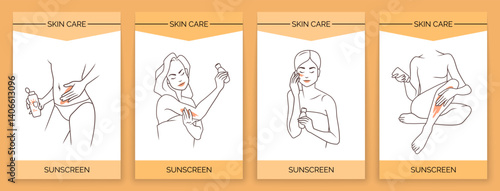 Skincare posters. Beauty routine. Woman applying sunscreen. SPF moisturizing cream. Cosmetic skincare. Line drawing card. Sun UV protection. Sunblock moisturizer. Vector banners set