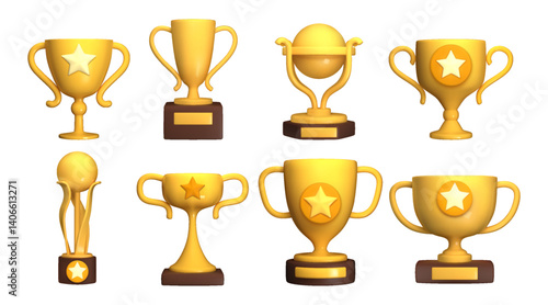 Trophy cup set. 3d winner award icon, champion medal or gold win reward prize. Premium sport game star. Yellow competition winning goblet. Success symbol. Vector render glossy isolated elements