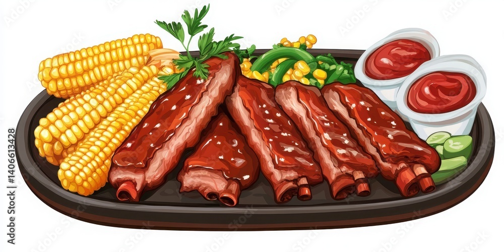 Barbecue tray, ribs, corn, sauce, isolated with white background Barbecue tray, ribs, corn, sauce, isolated with white background