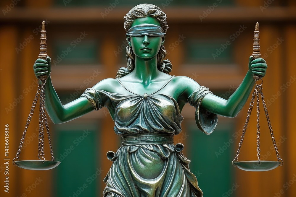 Obraz premium A statue of justice stands with a blindfold, holding scales in each hand, a symbol of fairness