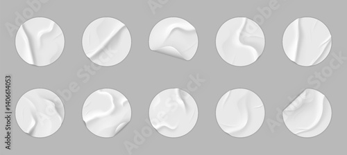 Paper sticker. Round tape texture, white glued and wrinkle glossy tag. Crumpled adhesive plastic label. Sticky empty patch wrinkled effect, torn badge, notice folded. Vector mockup