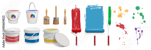 Paint bucket. Color brush. Decorator tools. Can and paintbrush roller for tint. Brushstroke splotch. Painting container. Drop splash. Interior repair and remodel. Vector 3D objects set